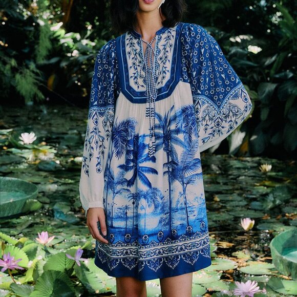 NWT Farm Rio off-white palm tree beach mini dress - Picture 1 of 6